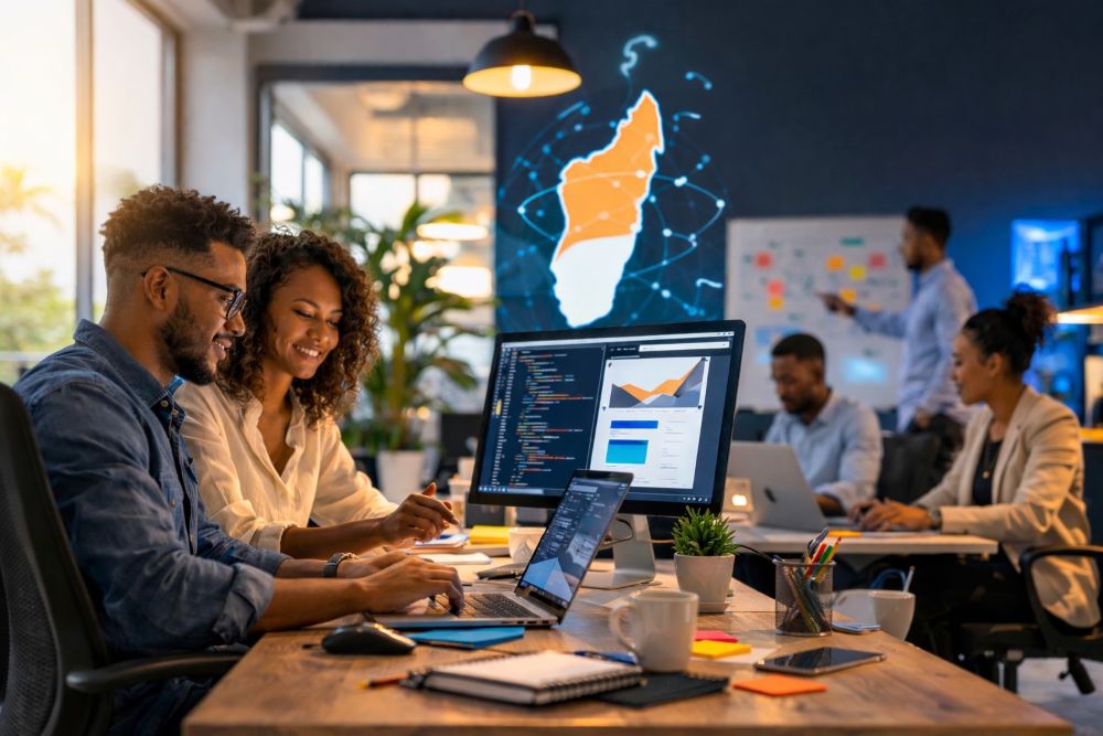 Agence web offshore à Madagascar : équipe IT en collaboration sur des projets digitaux