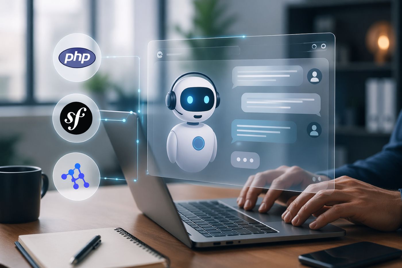 chatbot agentique en PHP avec Symfony et Neuron AI illustrant une interface conversationnelle intelligente